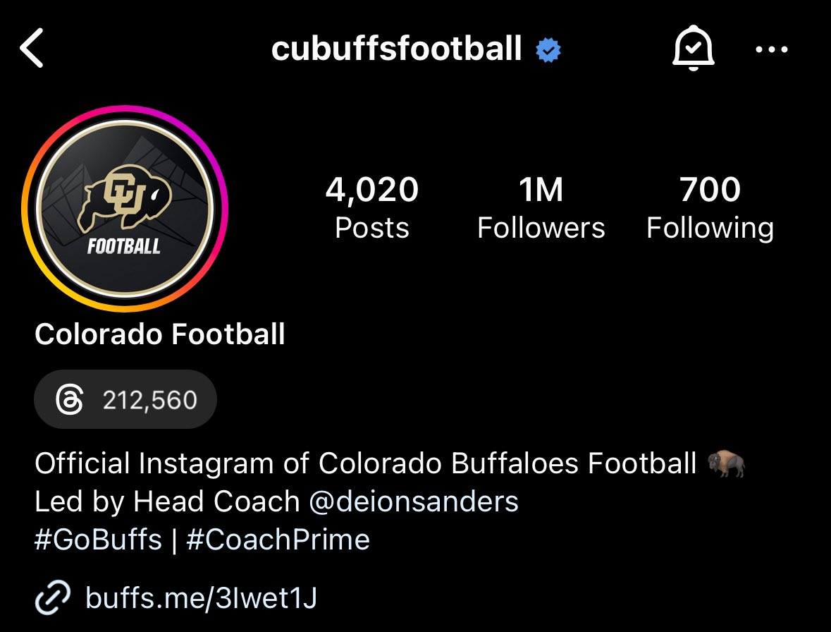 JoePompliano's tweet photo. Colorado football has officially hit 1 million followers on Instagram.

They had just 58,000 followers when Deion Sanders was hired, and they now join Alabama, Ohio State, and LSU as the only college football programs with 1M+ followers.

That's incredible. https://t.co/MNZe3Yxbec
