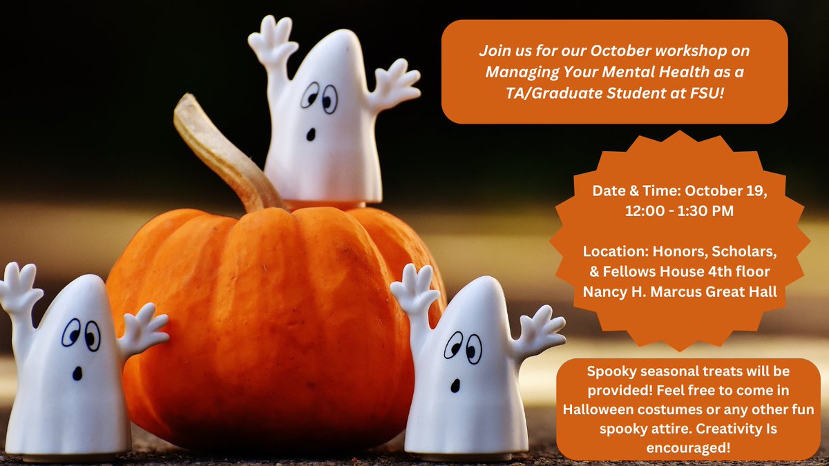 Join us for our mental health PIE workshop and Halloween social coming up next week, where our colleague from FSU Counseling &amp; Psychological Services will share a variety of resources for graduate student mental health.🕷🕸🧡

Register here: fsu.qualtrics.com/jfe/form/SV_9B…