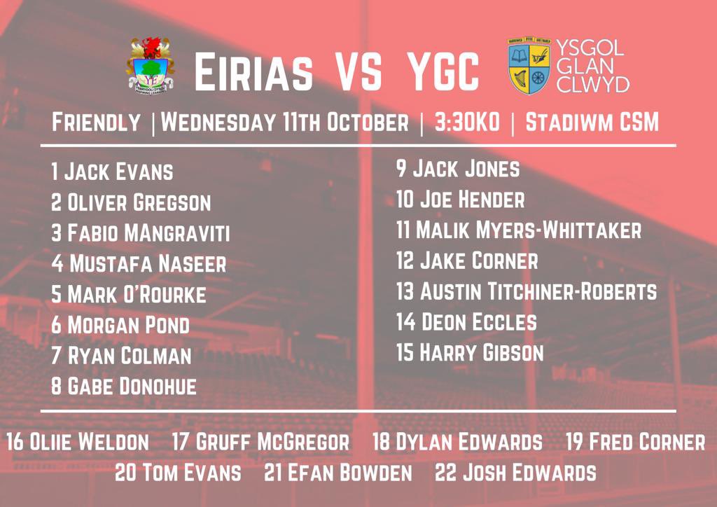 Senior rugby team are playing tomorrow  on the main Eirias stadium pitch v <a href="/YsgolGlanClwyd/">Ysgol Glan Clwyd</a> . 3.15 ko. Supporters welcome <a href="/Eirias/">Ysgol Eirias</a> <a href="/colwynbayrugby/">Colwyn Bay Rugby 🏉</a> 🏉