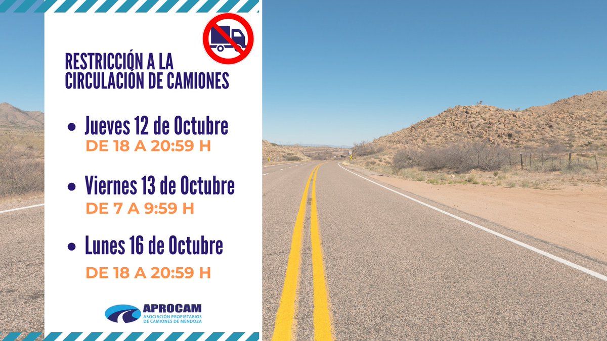 APROCAM1's tweet photo. Restricciones a la circulación de camiones para este feriado XXL 12, 13 y 16 de Octubre.

#feriado #restriccioncirculacion #aprocam #transportedecargas https://t.co/Rgymrj0E2O