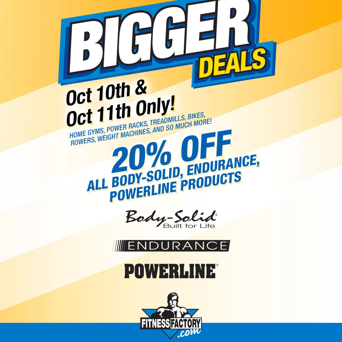 fitfactorycom's tweet photo. https://t.co/RstQruEZtZ's BIGGER DEALS sale is now live! 

Save 20% off all Body-Solid, Endurance &amp; Powerline products, including gyms, racks, treadmills, bikes, rowers, machines &amp; more.

Limited time only — while supplies last. Sale ends October 11. https://t.co/IcCXmk2M3K