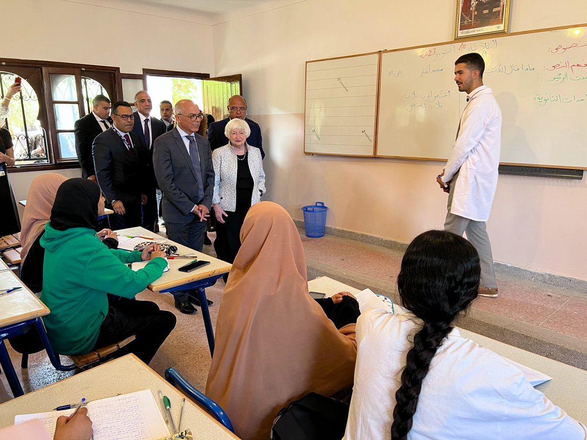 This morning, @SecYellen visited Ben Youseff School in Morocco, where girls impacted by the earthquake are able to attend school. 97% of Moroccan students impacted are already back in classrooms. #morocco #IMFMeetings