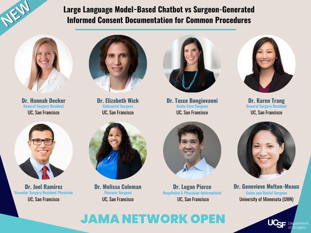 ‼️7 @UCSF Surgery Dept. Members + 1 @UMNSurgery Faculty Member successfully published their paper titled 'Large Language Model−Based Chatbot vs. Surgeon-Generated Informed Consent Documentation for Common Procedures' in the @JAMANetworkOpen Journal👉tinyurl.com/bdhdkenu