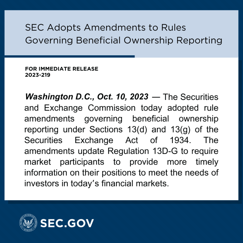 SECGov's tweet photo. The Commission has updated the rules governing beneficial ownership reporting to improve transparency and provide more timely information for investors in today’s fast-paced financial markets.