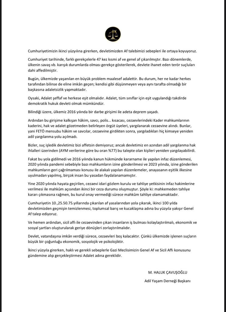 #GenelAf için işte sebepler;
İhanet eden değil hata yapanlar
Affedilir. Adil Yaşam Derneği

100YılaYakışır ErdoğanAffı
<a href="/RTErdogan/">Recep Tayyip Erdoğan</a> <a href="/EmineErdogan/">Emine Erdoğan</a>