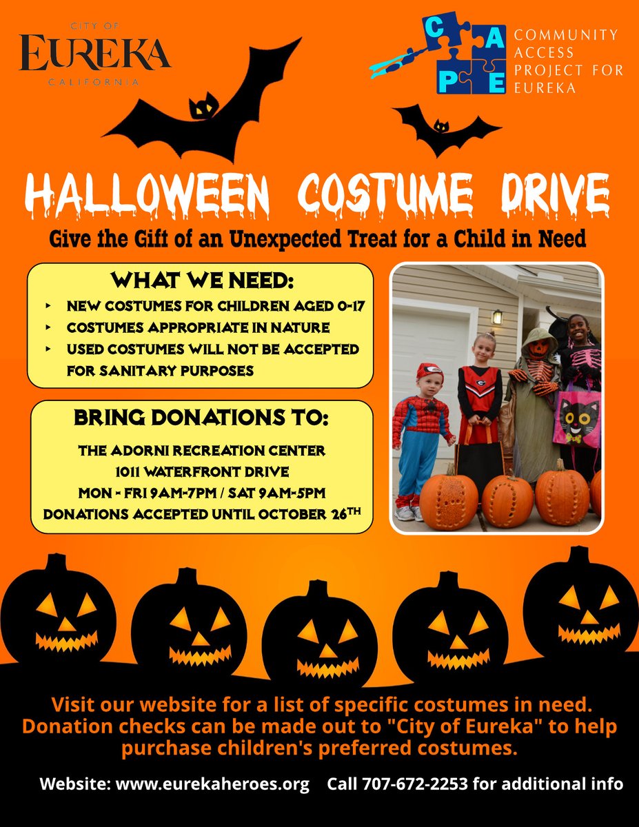 We are accepting Halloween Costume Donations for our annual Halloween Costume Drive and Giveaway benefiting local children in need. See the flyer below for details, or call 707-672-2253 for more info!

Thanks for your help in making Halloween fun for everyone!