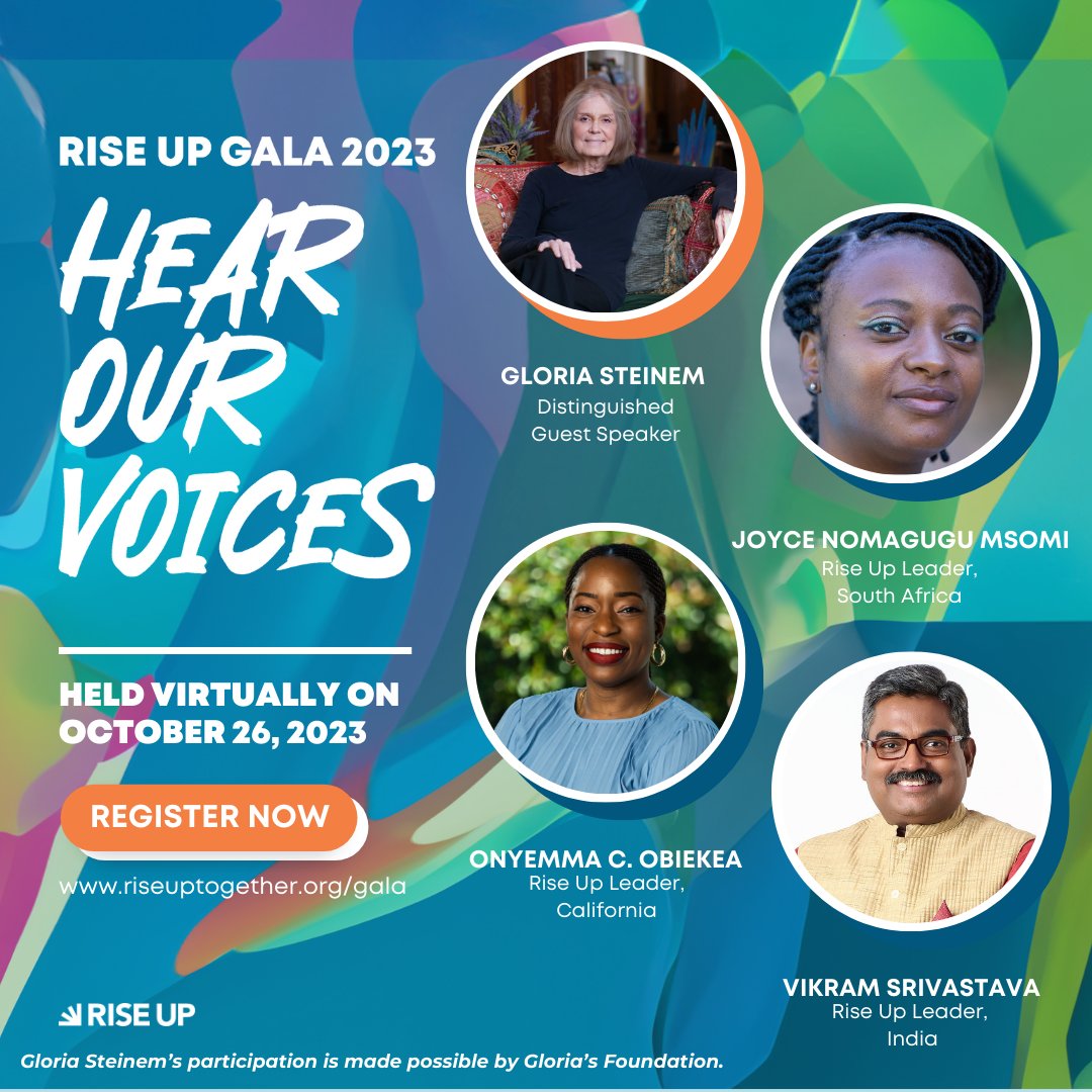 On 10/26, feminist icon <a href="/gloriasteinem/">Gloria Steinem</a> will be joined by 3 brilliant RU Leaders at this year’s Gala: Joyce from South Africa, Onyemma from California, &amp; Vikram from India. Their powerful work to advance #genderequity will inspire you. Register now: riseuptogether.org/gala/