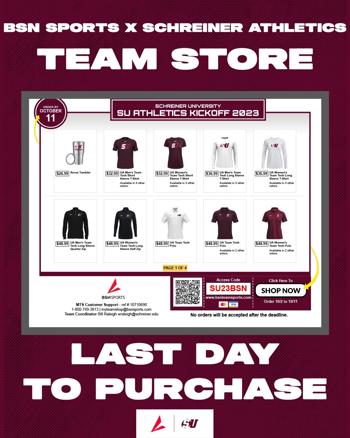 Schreiner Athletics on X: 🚨Last day to order🚨 Our BSN Sports x