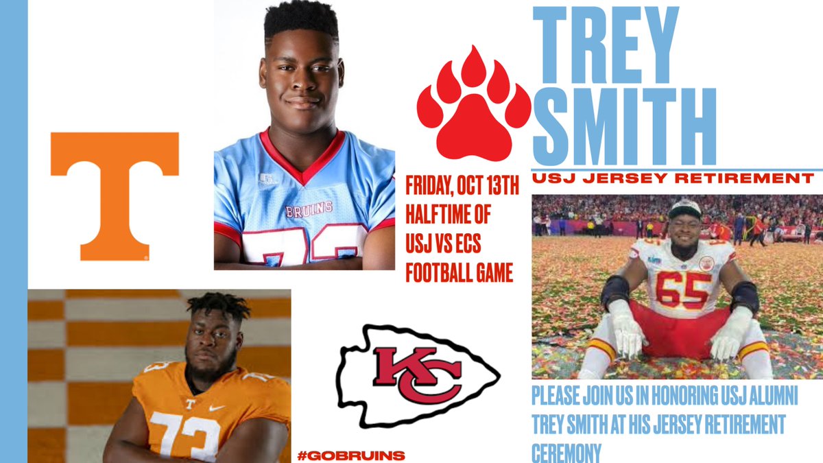 We are honored to recognize Alumnus Trey Smith this coming Friday, Oct 13th as we retire his USJ football jersey.

The ceremony will take place at halftime of the USJ vs ECS football game.
