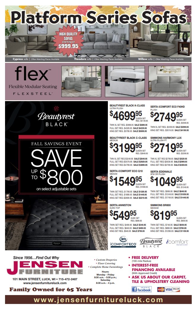 Jensen Furniture:Where comfort meets savings!🤌 Shop our FALL Furniture Clearance Event!🛏🛋🪑🍂

🚨 Hurry in!These factory-authorized savings must end on October 25, 2023.📍 101 Main St Luck, WI 

#beautyrestmattress #flexsteelfurniture #highquality #CompleteHomeFurnishings