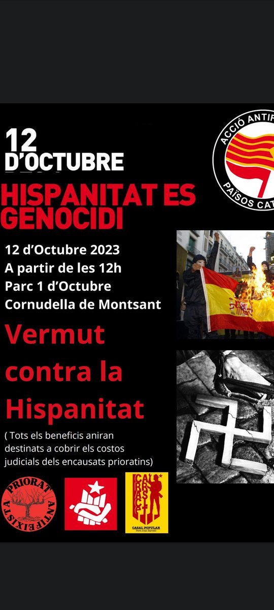 Us convidem a venir al vermut antirepressiu que durem a terme aquest proper dijous 12 d'Octubre al Parc 1 d'Octubre de Cornudella, on tots els beneficis aniran destinats a cobrir les despeses judicials dels encausats prioratins.