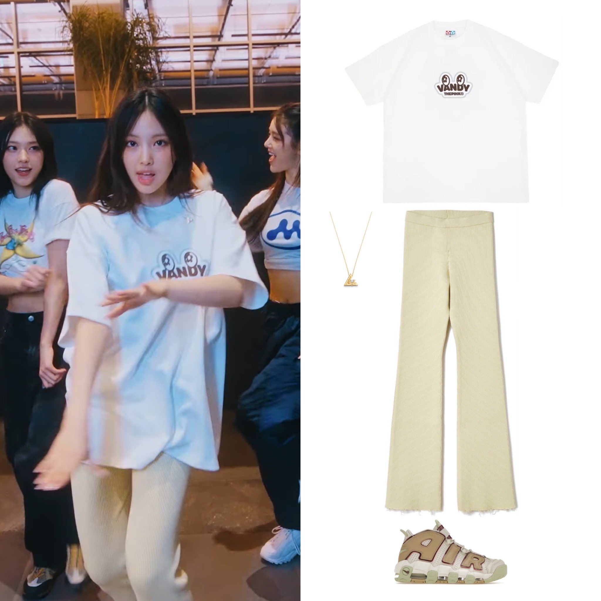 NewJeans Outfits on X: 231010 TMA Dance Practice Vandy The Pink Burgershop  Cola T-Shirt $79 Louis Vuitton LV Volt One Large Pendant $8,350 Perverze  Re-Cotton Rib Line Pants $232 Nike Air More