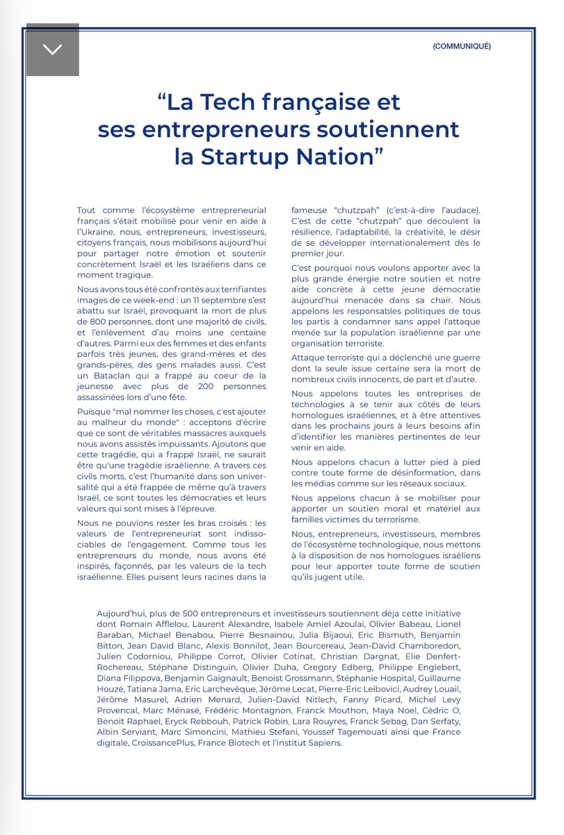 fabricepelosi's tweet image. Demain dans @LesEchos une déclaration des entrepreneurs de la tech française qui soutiennent la startup nation 🇮🇱 « Tout comme l'écosystème entrepreneurial français s'était mobilisé pour venir en aide à l'Ukraine, nous, entrepreneurs, investisseurs, citoyens français, nous…