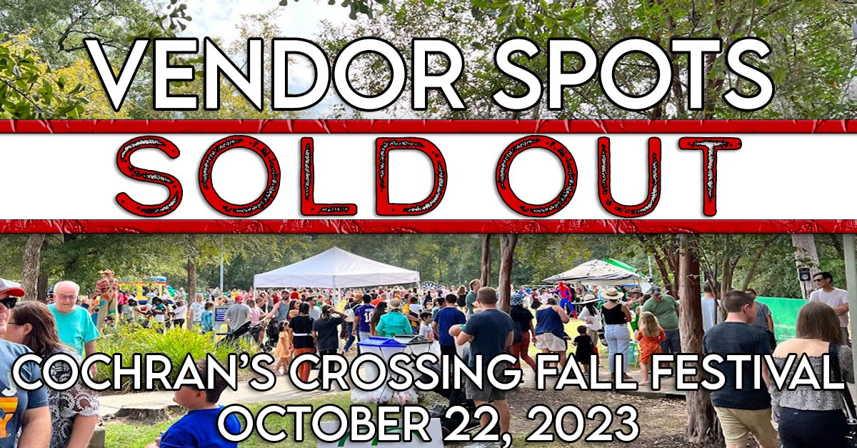 CCVillageAssoc's tweet image. Vendor Spots for our Fall Festival are 𝐒𝐎𝐋𝐃 𝐎𝐔𝐓!

Come see our #vendors at this year&apos;s free #FallFestival, October 22, 2023 from 1-4pm at Shadowbend Park. We will also have games, entertainment, music, and more!

#vendors #fallfestival #thewoodlands