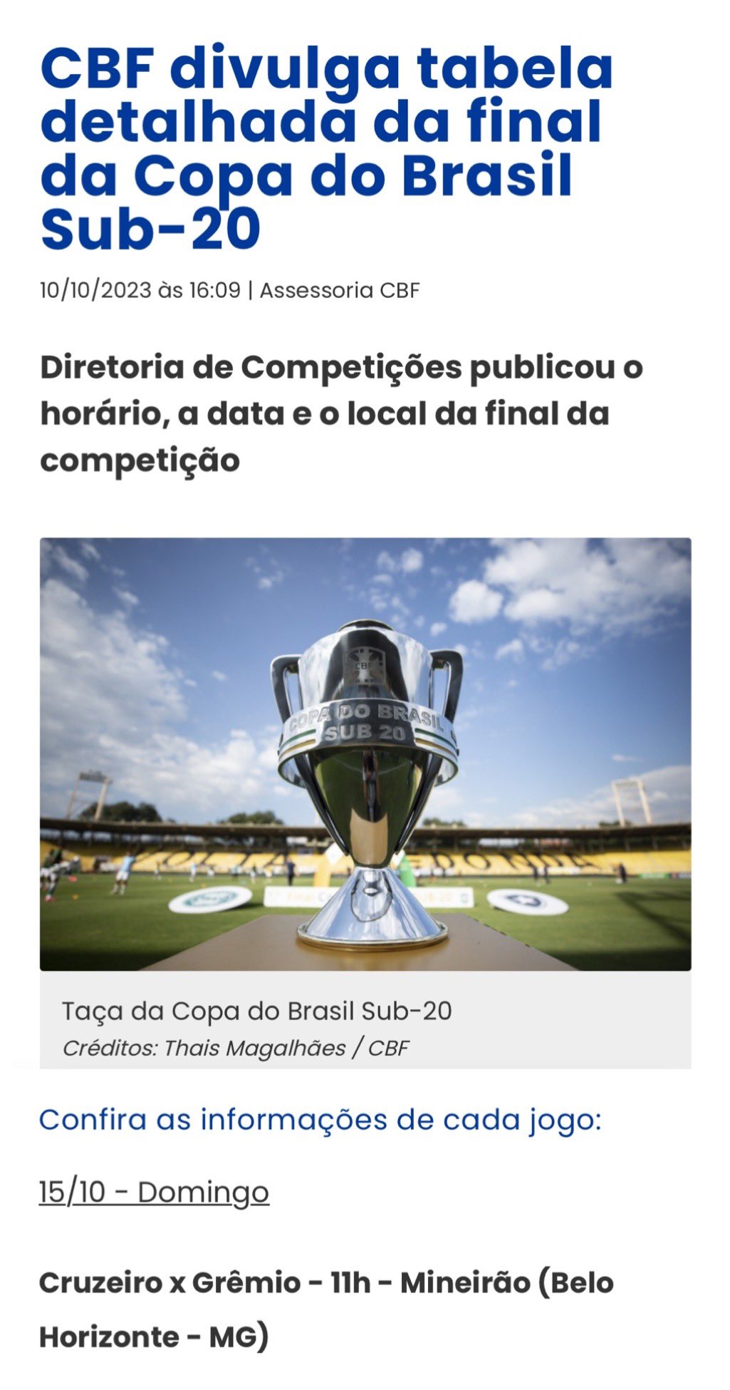 Cruzeiro e Grêmio fazem final inédita da Copa do Brasil Sub-20 no Mineirão