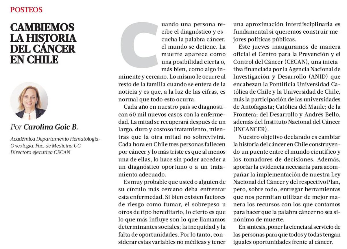 "Nuestro objetivo declarado es cambiar la historia del cáncer en Chile construyendo un puente entre el mundo científico y los tomadores de decisiones" - <a href="/carolinagoic/">carolinagoic</a>, directora ejecutiva del CECAN | columna publicada en La Tercera: latercera.com/la-tercera-sab…