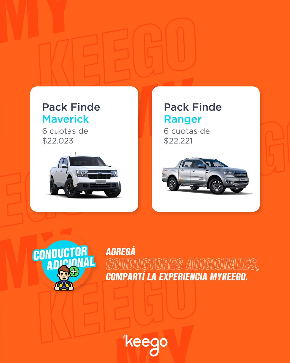 MyKeego_Arg's tweet photo. YA ‼️

Pick Up Experience Pack Finde en 6 cuotas sin interés comprando durante todo hoy martes 10 y miércoles 11 🔛

Ideal para aprovechar el finde largo de octubre 🔥

Subite a tu #MyKeego y sumate la #GeneraciónKeego • 

#SomosLoQueCompartimos #Carsharing https://t.co/wuyxMhAN8X