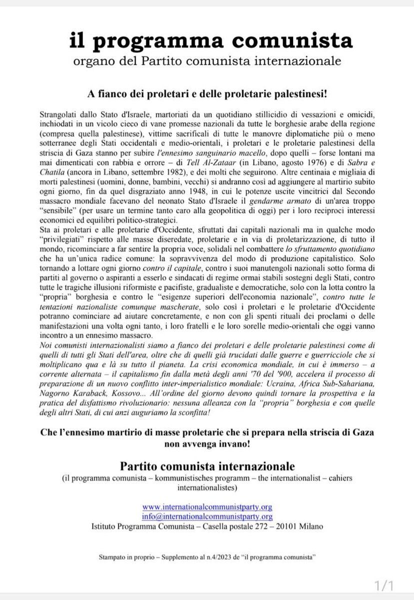 A fianco dei proletari e delle proletarie #palestinesi!
Strangolati dallo Stato d'#Israele, martoriati vessazioni e omicidi ... internationalcommunistparty.org/index.php/it/p…