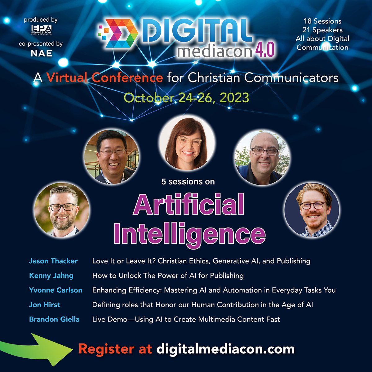5 sessions on AI. Featuring Jason Thacker, Kenny Jahng, Yvonne Carlson, Jon Hirst, Brandon Giella. Register at digitalmediacon.com.