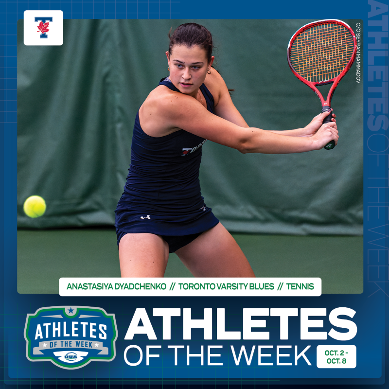 OUAsport's tweet photo. Coming up clutch in season openers, qualifiers, and championships. 👏

@Varsity_Blues Anastasiya Dyadchenko (🎾), @WlooWarriors Nolan Misa (⚾️), and @queensgaels Nolan Hutcheson (🏒) have been named #OUA athletes of the week. 

#WeAreONE | #OUAAOTW