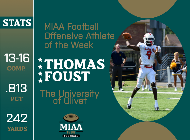 MIAA1888's tweet photo. #D3MIAA Football Athletes of the Week | October 10, 2023 🏈

Offensive:
Thomas Foust, @OlivetAthletics
https://t.co/WkpG6ujW5Z

Defensive:
Jamon Gibson, @TrineAthletics
https://t.co/BRMJCiaR12

Special Teams:
Troy Miller, @TrineAthletics
https://t.co/mg89cI0g9Q

#MIAAfb https://t.co/X2zQm2J1HV