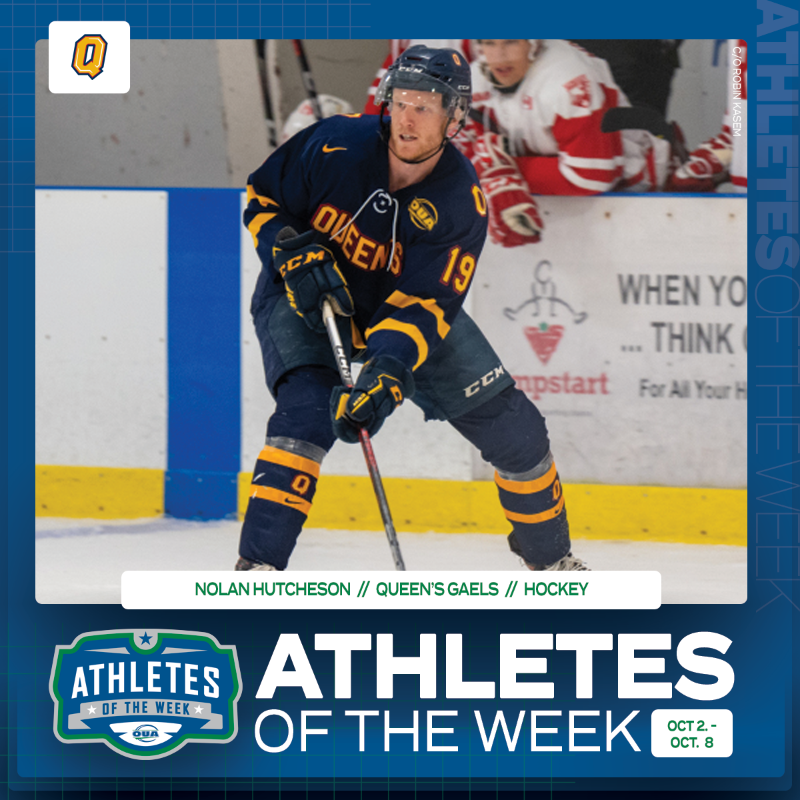 OUAsport's tweet photo. Coming up clutch in season openers, qualifiers, and championships. 👏

@Varsity_Blues Anastasiya Dyadchenko (🎾), @WlooWarriors Nolan Misa (⚾️), and @queensgaels Nolan Hutcheson (🏒) have been named #OUA athletes of the week. 

#WeAreONE | #OUAAOTW
