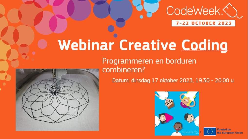 <a href="/CodeWeekEU/">EU Code Week</a> is er o.a. op gericht om #computationalthinking en #programmeren op een leuke manier bereikbaar te maken.
#creativecoding is daar een manier voor. 
Nieuwsgierig naar hoe je #programmeren en #borduren kunt combineren?  Meld je aan:
tinyurl.com/CreativeCoding…
<a href="/CodeweekNL/">CodeweekNL</a>