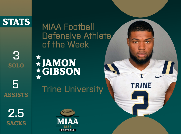 MIAA1888's tweet photo. #D3MIAA Football Athletes of the Week | October 10, 2023 🏈

Offensive:
Thomas Foust, @OlivetAthletics
https://t.co/WkpG6ujW5Z

Defensive:
Jamon Gibson, @TrineAthletics
https://t.co/BRMJCiaR12

Special Teams:
Troy Miller, @TrineAthletics
https://t.co/mg89cI0g9Q

#MIAAfb https://t.co/X2zQm2J1HV