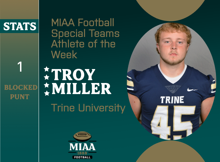 MIAA1888's tweet photo. #D3MIAA Football Athletes of the Week | October 10, 2023 🏈

Offensive:
Thomas Foust, @OlivetAthletics
https://t.co/WkpG6ujW5Z

Defensive:
Jamon Gibson, @TrineAthletics
https://t.co/BRMJCiaR12

Special Teams:
Troy Miller, @TrineAthletics
https://t.co/mg89cI0g9Q

#MIAAfb https://t.co/X2zQm2J1HV