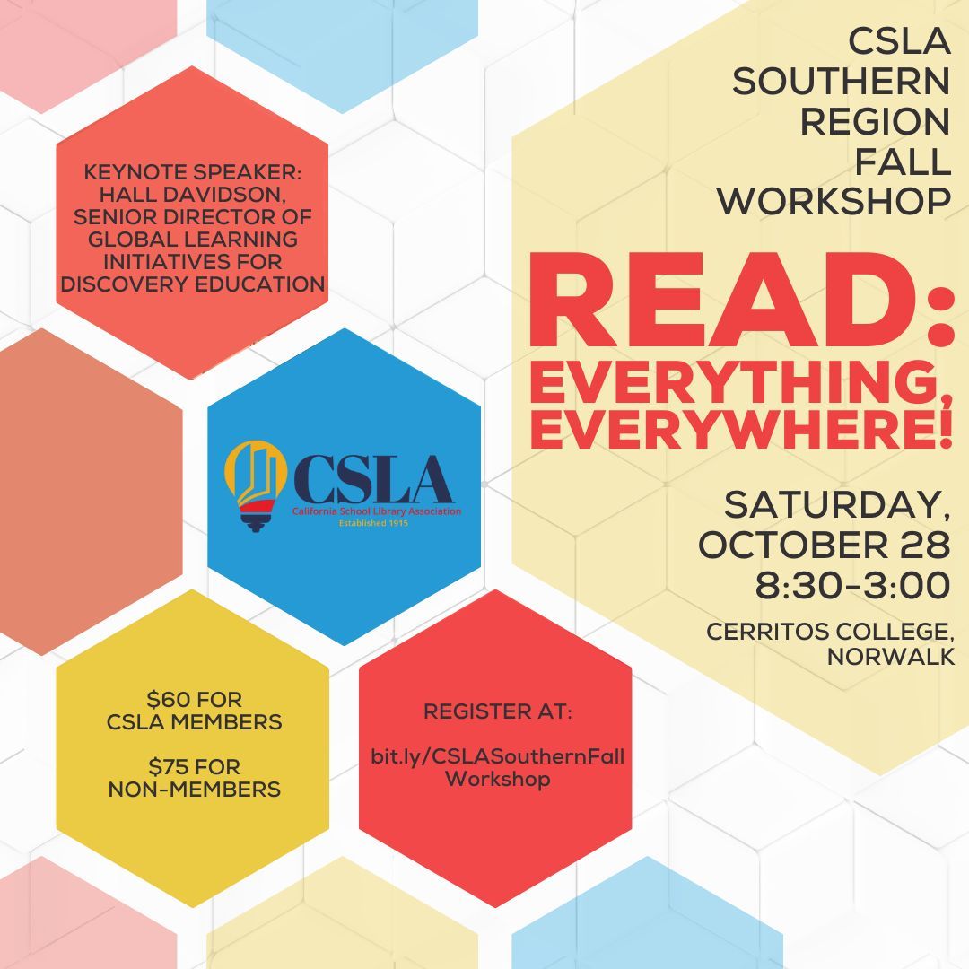4csla's tweet image. The Southern Region Fall Workshop is happening Oct. 28 - you won't want to miss our keynote speaker or the amazing sessions! Visit the link in bio to register today! #bettertogether #schoollibrariesmatter #futurereadylibs #californiaschoollibraries #professionaldevelopment