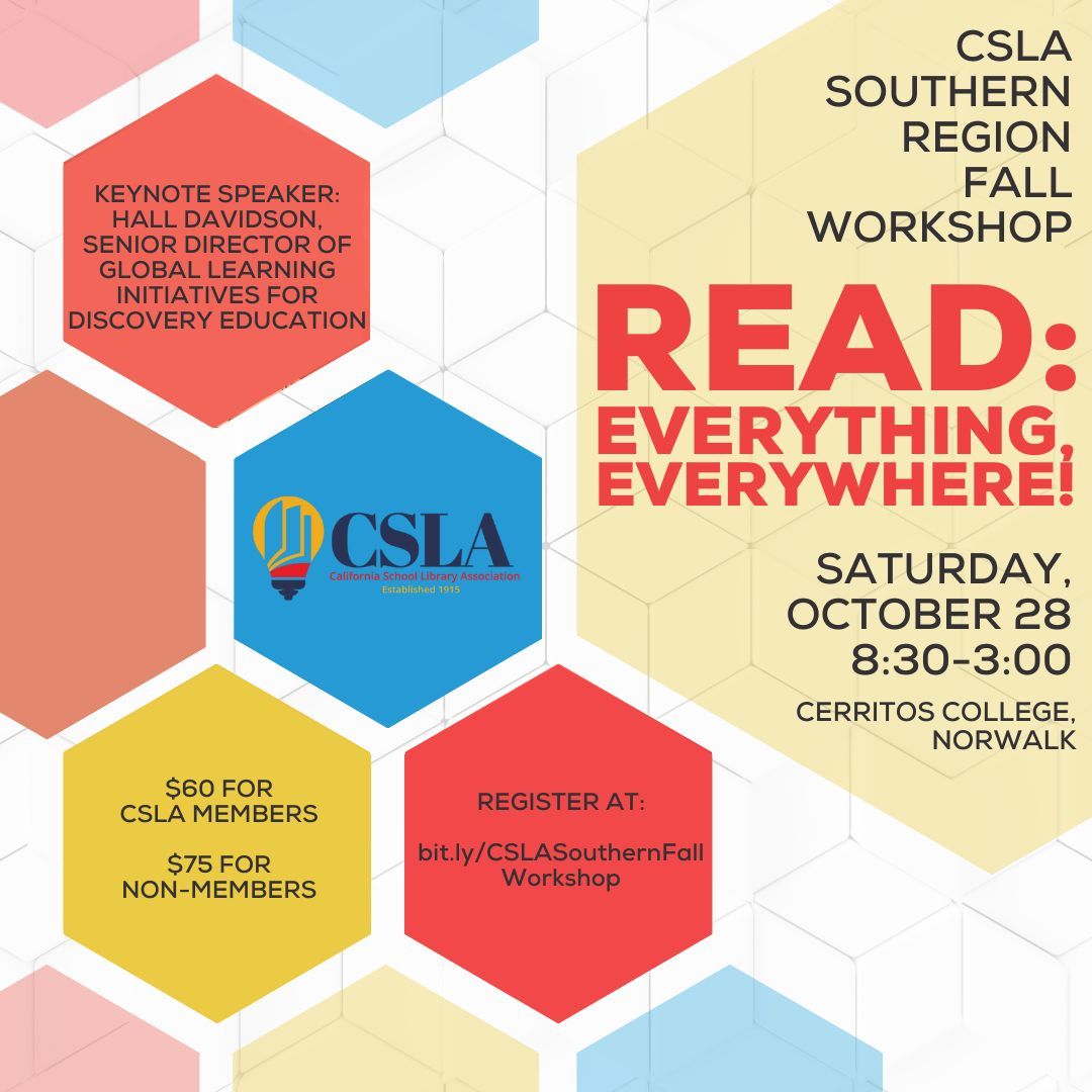 The Southern Region Fall Workshop is happening Oct. 28 - you won't want to miss our keynote speaker or the amazing sessions! Visit the link in bio to register today! #bettertogether #schoollibrariesmatter #futurereadylibs #californiaschoollibraries #professionaldevelopment