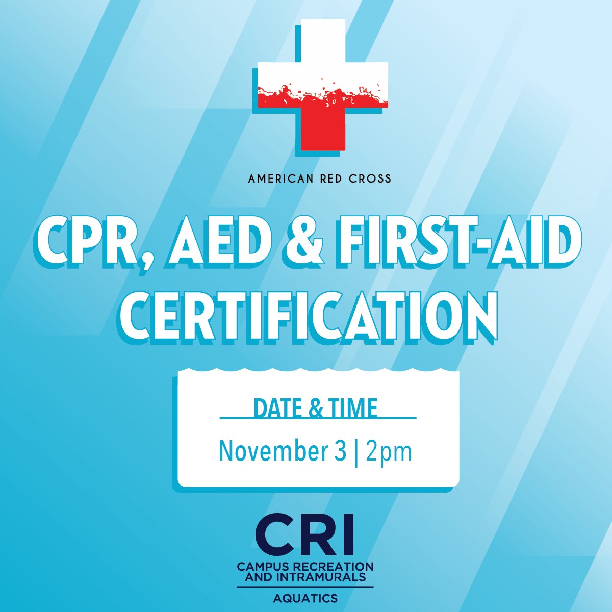 It's time to register for our November CPR/AED/First Aid Training class! Completion of this class will equipt you with an American Red Cross certification good for 2 years. Registration closes today, Thursday November 2nd. You can register by visitng member services at the RAC!