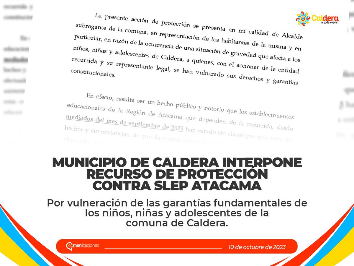 ☑️Nuestro @municipiocaldera ha decidido tomar acciones legales, en contra de SLEP Atacama, entidad que no ha cumplido con sus obligaciones, generando que profesores y asistentes de la educación deban movilizarse, ante lo cual miles de estudiantes han quedado sin clases.