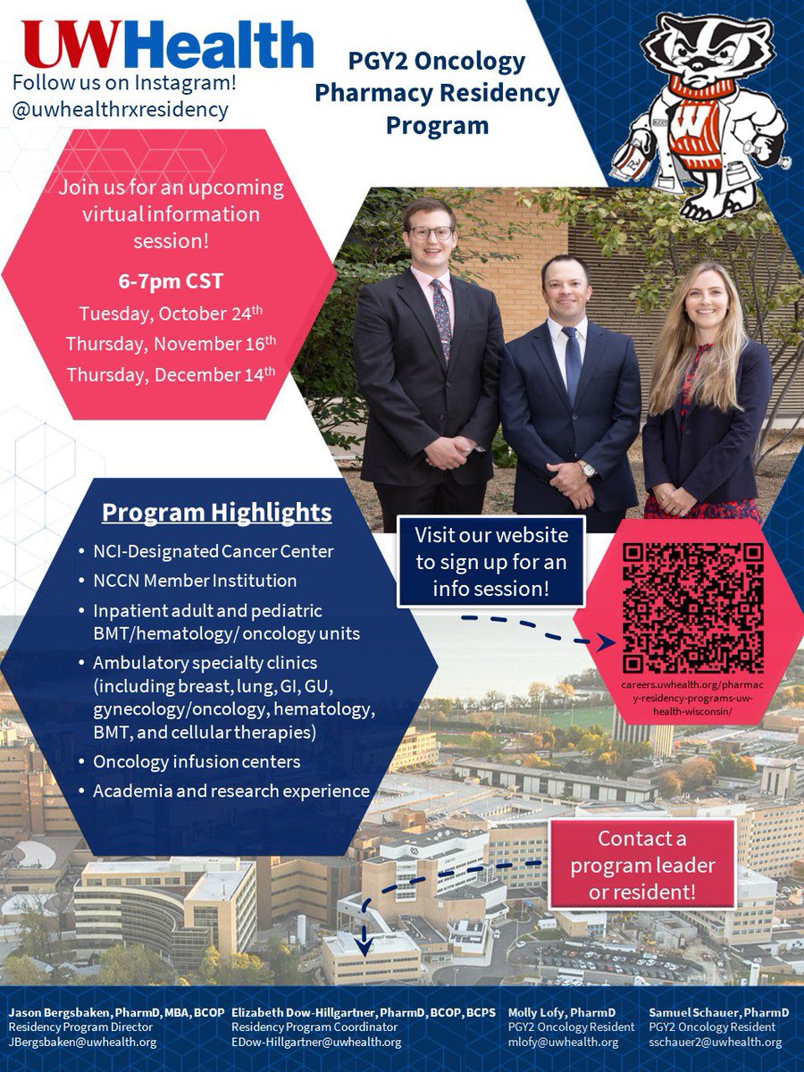 Interested in PGY2 Oncology? We are recruiting for our 2024-2025 class @UWCarbone and would be happy to meet with you!! 🗓10/24, 11/16 or 12/14 - Upcoming Virtual Info Sessions Visit our website to sign up! #oncopharm careers.uwhealth.org/pharmacy-resid…