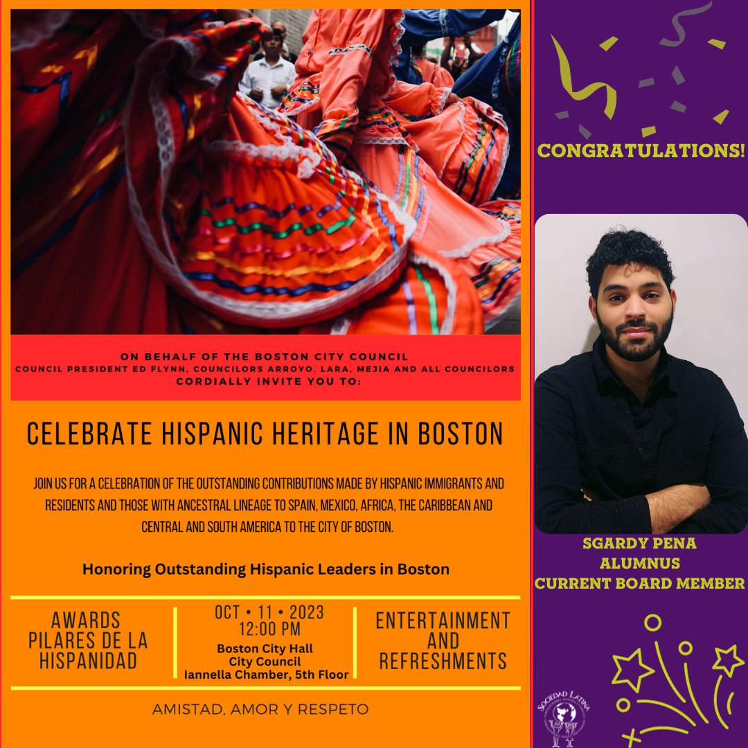Sociedad Latina (@sociedadlatina) on Twitter photo Sociedad Latina is excited to celebrate the recognition of Sgardy Pena during Latine Heritage Month by the <a href="/BOSCityCouncil/">Boston City Council</a>! Please join us in celebration tomorrow October 11, 2023, at 12:00 pm - City Council Iannella Chamber,5th floor! <a href="/CityOfBoston/">City of Boston</a> Sociedad Latina is excited to celebrate the recognition of Sgardy Pena during Latine Heritage Month by the <a href="/BOSCityCouncil/">Boston City Council</a>! Please join us in celebration tomorrow October 11, 2023, at 12:00 pm - City Council Iannella Chamber,5th floor! <a href="/CityOfBoston/">City of Boston</a>