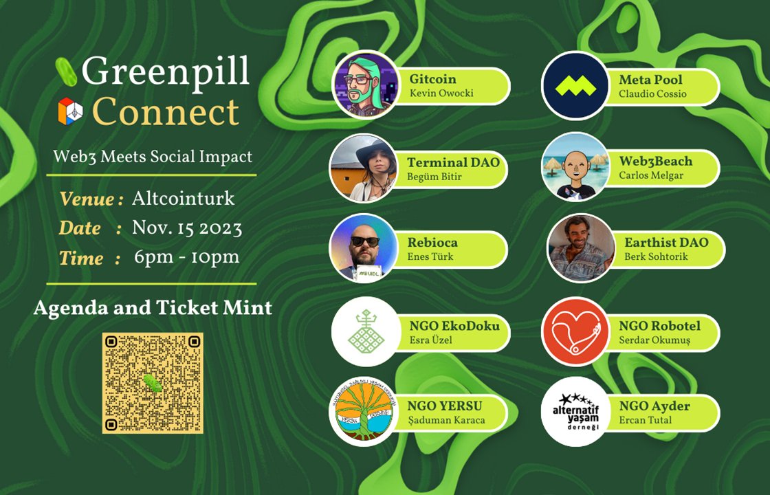 🌿 Presenting Greenpill Connect @EFDevconnect in Istanbul on 15th Keynotes by @owocki of @gitcoin & @ccossio from @meta_pool on Latin America's QF rounds. Dive into projects with @earthistdao, @rebioca, @terminaldao and @web3beach

Mint your NFT ticket!👇
shorturl.at/cmAJ1