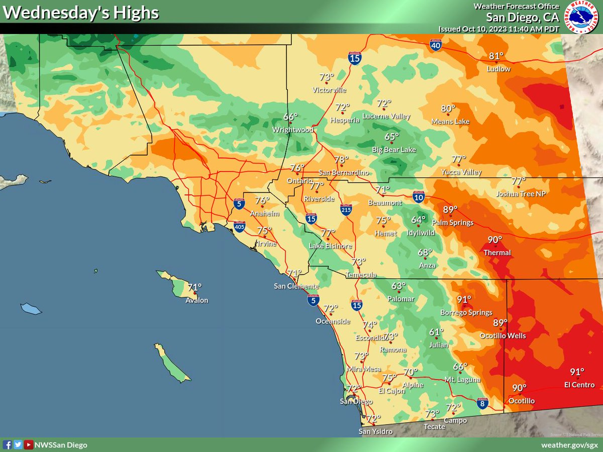 NWSSanDiego's tweet photo. A quick #Emojicast for the next few days:
Wednesday: ☁️➡️☀️🌡️📉 Another cool day with marine layer clouds in the morning.
Thursday: 🌬️🍃☀️🌡️📈 Gusty Santa Ana winds for inland areas early in the morning, followed by a warm-up.
#CAwx https://t.co/ek5sS3pOjQ