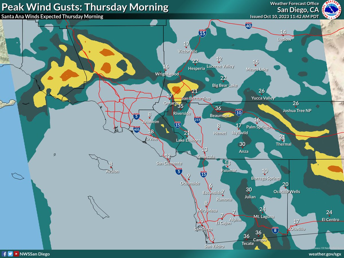NWSSanDiego's tweet photo. A quick #Emojicast for the next few days:
Wednesday: ☁️➡️☀️🌡️📉 Another cool day with marine layer clouds in the morning.
Thursday: 🌬️🍃☀️🌡️📈 Gusty Santa Ana winds for inland areas early in the morning, followed by a warm-up.
#CAwx https://t.co/ek5sS3pOjQ