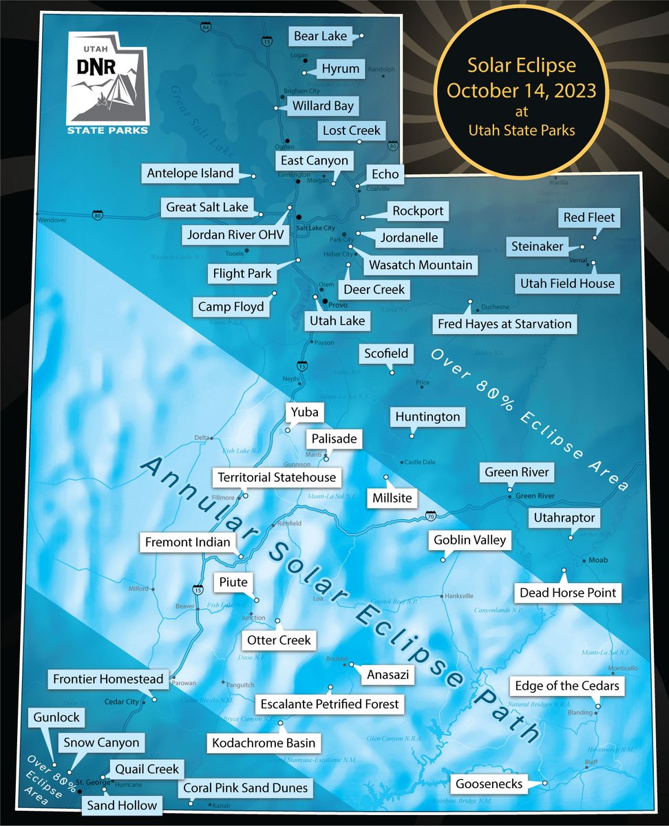 This Saturday, October 14th, 2023, the skies over Utah's state parks will host an awe-inspiring annular solar eclipse. 🌞🔭 Click here to learn more and discover the perfect spots to watch: stateparks.utah.gov/activities/dar… It's going to be a day to remember! 🌠🔭🌟