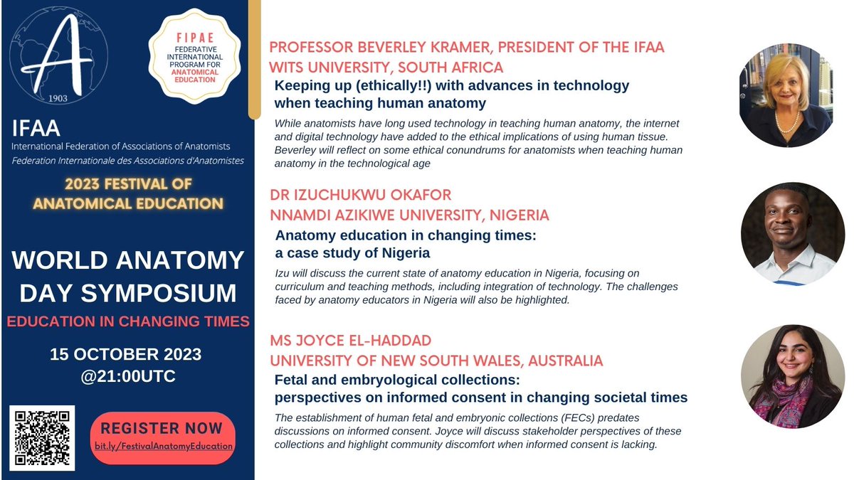 📢 World Anatomy Day Education Symposium <a href="/AnatomyIfaa/">IFAA_InternationalAnatomicalEducation</a> 

▶️ Theme: Education in Changing Times

▶️  Date: 15 October 2023, World Anatomy Day at 21:00UTC

▶️ Speakers:  
Beverley Kramer, IFAA President, <a href="/WitsUniversity/">Wits University</a> 
<a href="/IzuchukwuOkaf14/">Okafor, Izuchukwu Azuka</a>, Nnamdi Azikiwe University
@joyceps__, <a href="/UNSW/">UNSW</a>