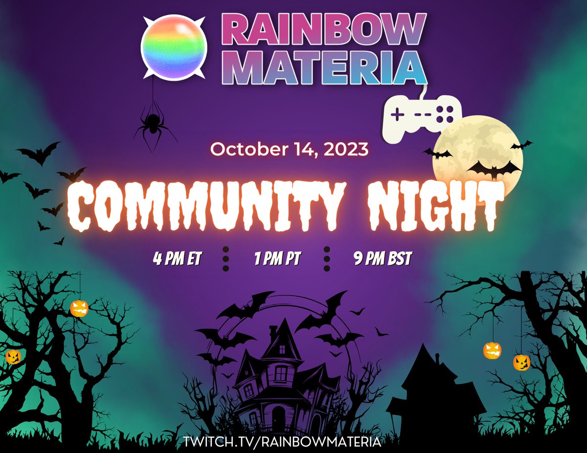 RainbowMateria's tweet photo. Join us this Saturday as we host another Community Night! We will be live on our Twitch channel as we investigate some haunted places and hope we make it out alive in Phasmophobia! https://t.co/FWpW2fnKSA