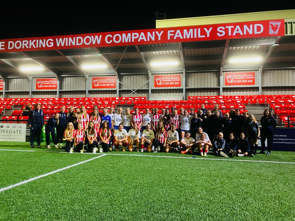 JasonJbooker's tweet photo. Dorking Wanderers Academy U13 Girls had a great time as mascots and meeting all the players and coaches tonight at Dorking Wanderers Women. Great to see all the Youth Girls teams at Meadowbank tonight. @DWFCWomen @academy_dwfc @DorkingWDRS @CalumBest @GavinStreet https://t.co/ZVC2zAxrvY