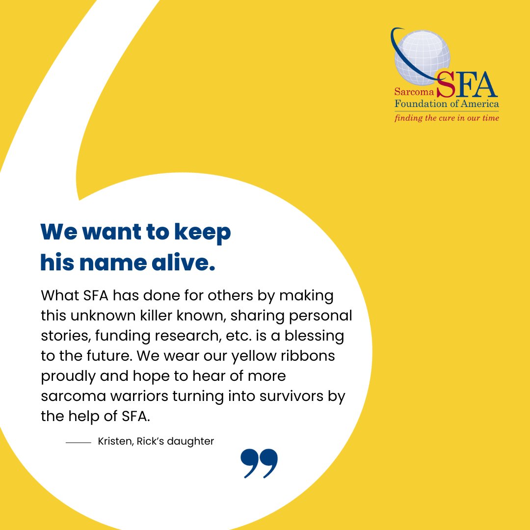This #SFAGivingTuesday, we're highlighting one of our supporters and why they give to SFA. Thank you, Kristen, for sharing Rick's story & aiding our mission to cure #sarcoma. Join us and make a difference at curesarcoma.org/get-involved/ #WhyIGive #CureSarcoma