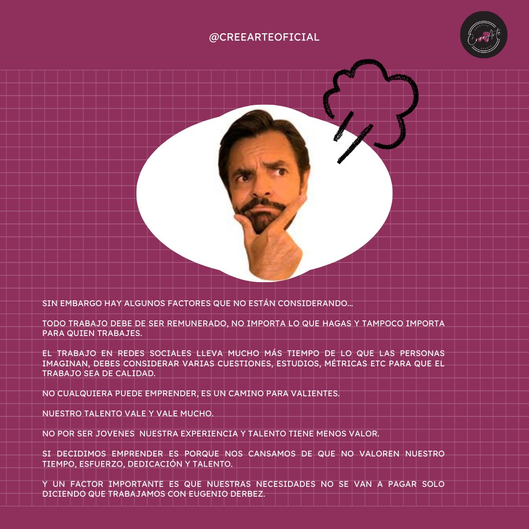 creearteoficial's tweet photo. 💡 Ser joven no significa trabajar gratis ni aceptar poco valor por lo que haces. 💪
👏 En @creearteoficial aplaudimos a los jóvenes que valoran su talento y se esfuerzan cada día por crecer.
#ValoraTuTalento #EmprenderEsParaValientes #CreeArteCreativeStudio #EugenioDerbez https://t.co/7BhEhcXZzg
