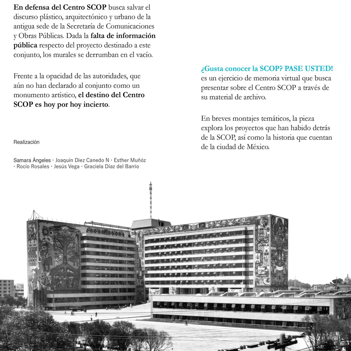 defensaSCOP's tweet photo. "¿Gusta conocer la SCOP? ¡PASE USTED!"

Les presentamos el siguiente ejercicio de Memoria Visual para que el público conozca la historia del Centro SCOP y su importancia como hito artístico y urbano-arquitectónico de México.

#DefensaSCOP #Patrimonio #Historia #Arte https://t.co/IRR6ppytLQ