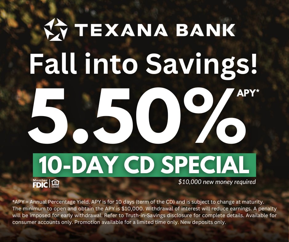texanabank's tweet photo. Embrace the season of change with our unbeatable special CD rate of 5.50% APY*. Don’t miss out—reach out to us today and grab this opportunity, as this exclusive rate, much like autumn’s vibrant leaves, won’t last for long. https://t.co/VkhLuGOXAO https://t.co/Fe3QueYA3M
