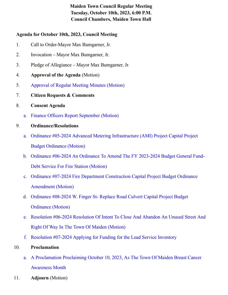 TownofMaiden's tweet photo. Agenda for tonight’s council meeting. https://t.co/hWkqNTVVsz