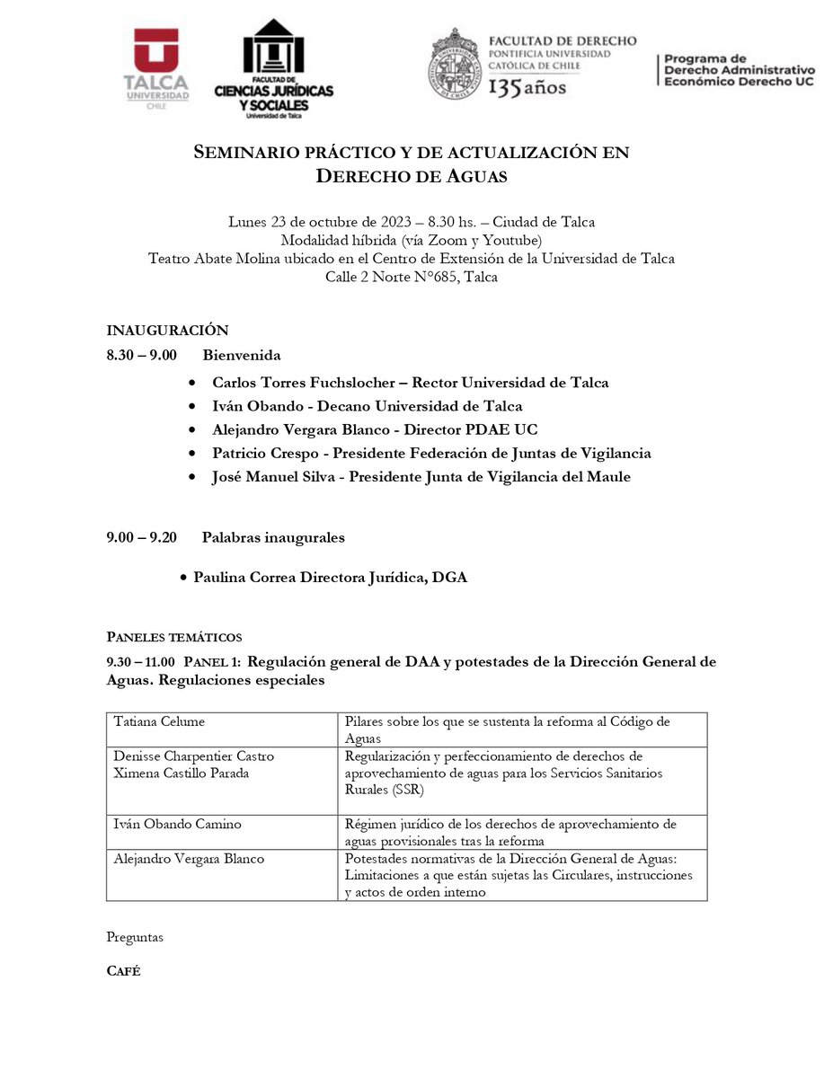 _PDAE's tweet photo. SEMINARIO PRÁCTICO Y DE ACTUALIZACIÓN EN DERECHO DE AGUAS 
Lunes 23 de octubre 8.30 hs. 
Centro de Extensión de la Universidad de Talca Ciudad de Talca 
Modalidad híbrida (exposiciones presenciales) Vía Zoom y Canal YouTube  
Inscripciones: https://t.co/Hkh1i1rkXk
@vergara_blanco https://t.co/nGSHZZmfZh