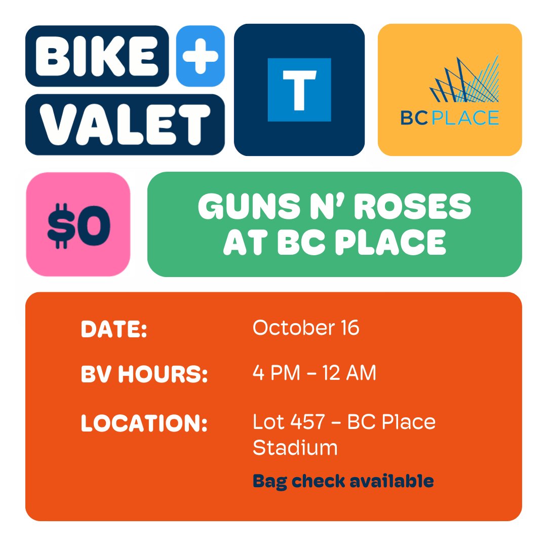 Nothin’ lasts forever, even cold November rain. Adding to the list is the one night Guns N’ Roses show <a href="/bcplacestadium/">bcplacestadium</a> on Oct 16 🌹🎸
Be it a scooter, bike, or skateboard, our Bike Valet will keep them safe for you at the show. Come early to secure your spot. Bag check available.