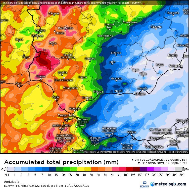 Mapa de acumulado de lluvias para los próximos 10 días según el modelo ECMWF. Soñar es gratis, ¿verdad?
